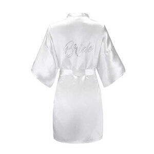 Women's One Size Silver Rhinestones Bride Bridesmaid Short Satin Robes